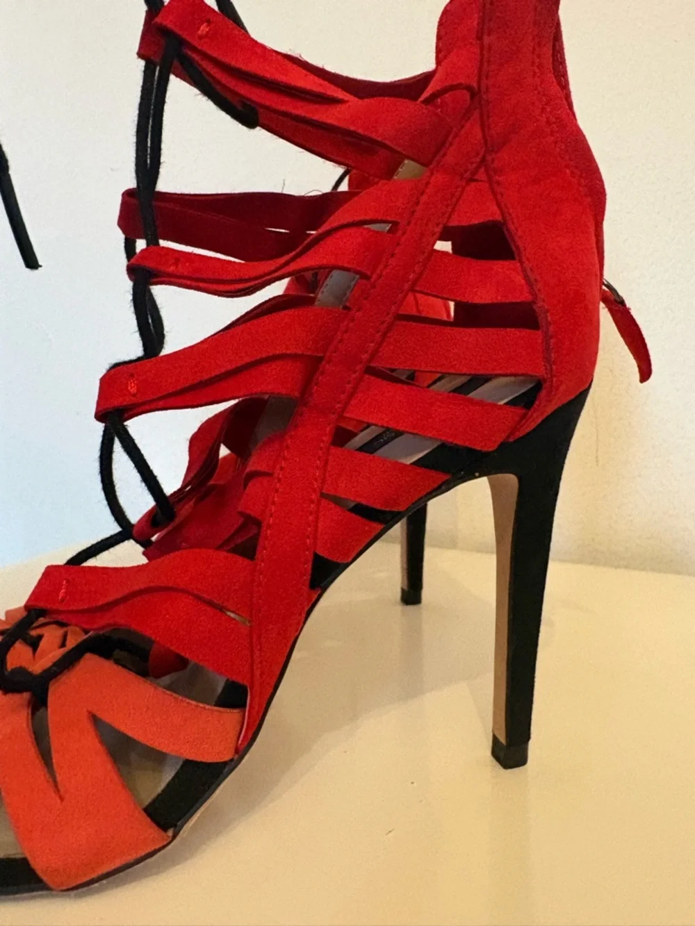 Zara Red and Orange Suede Lace-Up Stiletto Sandals - Picture 3 of 5